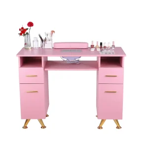 Hot Selling Modern Pink Salon Furniture Wood Manicure Table with Drawers for Nail Shop