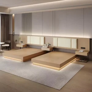 Hotel Bedroom Furniture Set Modern King Size Bed Frame Queen Bed Frame Solid Wooden Floor Bed for Standard Hotel Guest Rooms