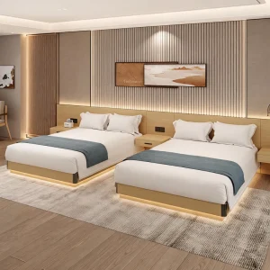 Hotel Bedroom Furniture Set in Minimalist Grey Wood with Upholstered King Bed Side Table