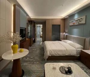 Hotel Bedroom Sets Furniture CE Approved Custom Made Hospitality Suite Wardrobe Bedside Table Manufacturer
