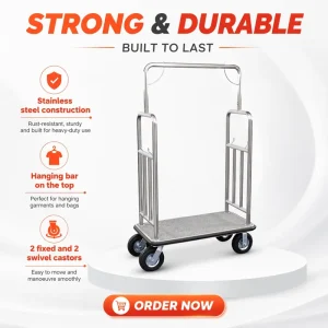 Hotel Brushed Stainless Steel Hanging Bar and 8 Inch Pneumatic Wheels 200kg Capacity Luggage Cart Bellman Trolley