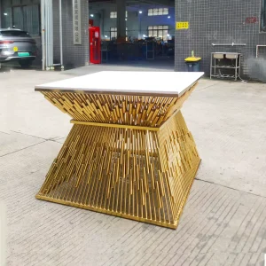 Hotel Conference Reception Square Table Design MDF Top Gold Stainless Steel Frame Wedding Party Banquet Table Set