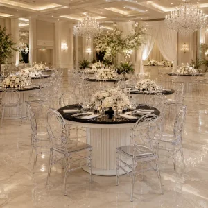 Hotel Event Party Outdoor Indoor Transparent Clear Acrylic Plastic Crystal Resin Chair Stainless Steel Table for Wedding Banquet