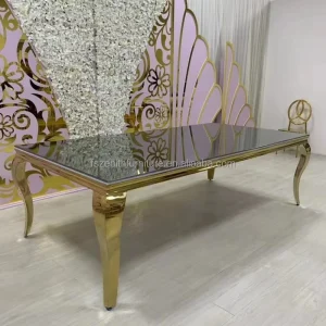 Hotel Furniture Dining Table Rectangle Black Tempered Glass Stainless Steel Base Wedding Banquet Table