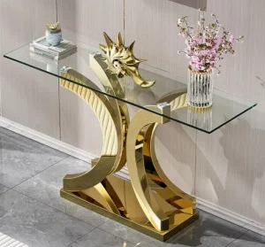 Hotel Furniture Rectangle Glass Top Reception Tables Gold Silver Stainless Steel Hallway Table for Events