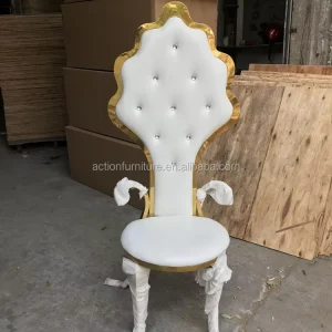 Hotel Furniture Stainless Steel Luxury French Baroque White Gold High Back Queen King Throne Wedding Chair From China