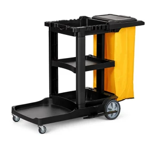Hotel Hospital Cleaning Trolley Cart Multi Tier Service Cart 3 Shelves Heavy Duty 300 lb Capacity Waste Bag Easy Movement Wheels