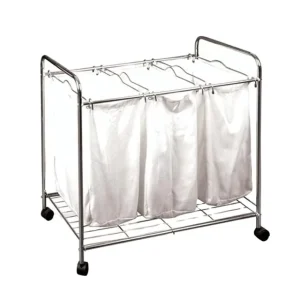 Hotel Hospital Laundry Trolley with 3 Steel Hampers Steel Laundry Service Cart with OEM Customization Support