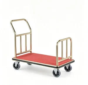 Hotel Luggage Trolley Lobby Baggage Cart SS Golden Finish Flat Transport Truck Silent Wheels Heavy Duty Luggage Trailer