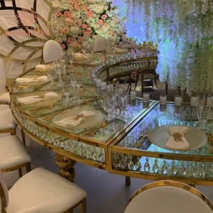 Hotel Modern Luxury Event Banquet Table Golden Stainless Steel Frame Glass Top Serpentine Wedding Table