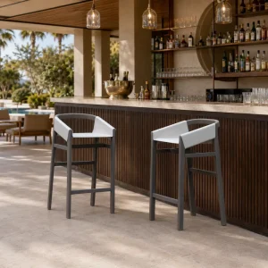 Hotel Outdoor Aluminum Frame Metal Bar Stool Saddle Leather Backrest Weather-resistant Bar Set OEM Custom Furniture