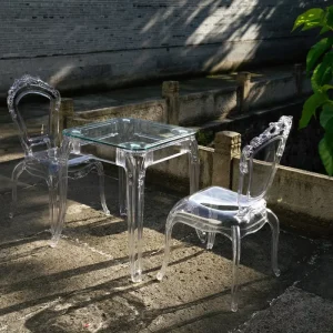 Hotel Restaurant Dining Set Crytal clear Stackable Plastic Chairs and Tables for Events Wedding Outdoor Chair Sashes