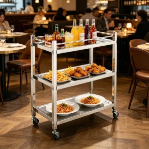 Hotel Room Service Trolley 3 Layer Steel Buffet Kitchen Food Serving Trolley Cart With Edge Frame