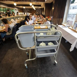 Hotel Stainless Steel 201 Heavy Duty 4 Wheel Utility Cart Polished Finish 300kg m Load Capacity 0.6mm Thick LFGB Certified Dish