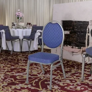 Hotel Used Celebrating Chairs Hotel Chairs Blue Iron Frame Wedding Fabric Cushion Oval Back Hotel Banquet Event Dining Chairs