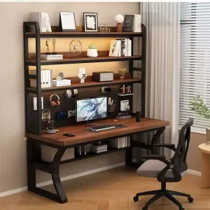 Household Durable Solid Wood Assembled Integrated Desk with Bookshelf and Hole Board Storage for Desktop Computer and E Sports