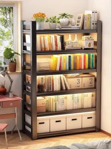Household Modern Minimalist Steel Bookshelf 5-Shelf Multi-Layer Floor-Standing Integrated Wall Storage Living Room Bookcase