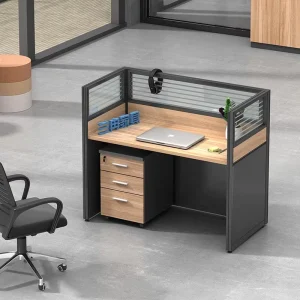 I Shaped Single Person Office Workstation Desk with Glass Partition Screen One Seater Staff Computer Table with 3 Drawer Cabinet