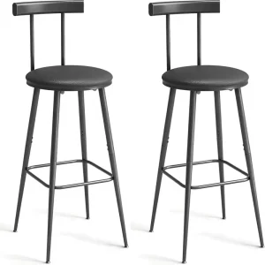 IRCPEN Industrial Metal Frame Bar Stools Set of 2 with Backrest Footrest PU Soft Seat for Kitchen Living Room Pub-Black BS-013BK