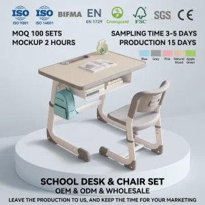 ISO Certified Classroom Desk Chair Set Heavy Duty Metal Frame Durable School Furniture