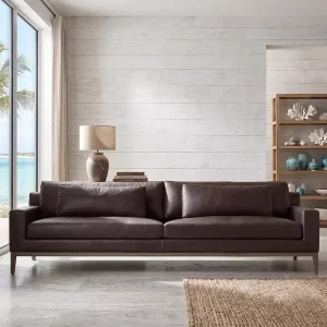 ITALIA Genuine Leather Convertible Sectional Sofa 3 Seat Track Arm Design Stainless Steel Base Full Grain Brown Leather