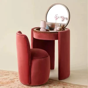 Idao Makeup Vanity Desk with Foldable Mirror and Stool Set Wood Corner Dressing Table Cylindrical Storage Footstool