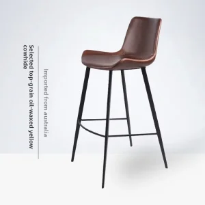 Imported Oil Wax Yellow Cowhide Genuine Leather Carbon Steel Frame Bar Stool High Stool Vintage Light Luxury Home Bar Chair