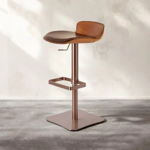Imported Oil Wax Yellow Cowhide Genuine Leather Stainless Steel Frame Vintage Style Height Adjustable Rotatable Bar Stool