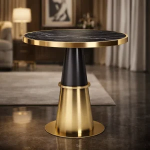 Indoor Round Cocktail Bar Table with Stainless Steel Pedestal and Black Top for Restaurant Cafe Hotel Lounge Furniture