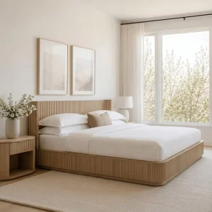 Indoor Wooden Bed Frame Bedside Table Set Home Furniture Luxury Villa Bedroom Furniture Set Hotel Guest Room Comfortable Bed