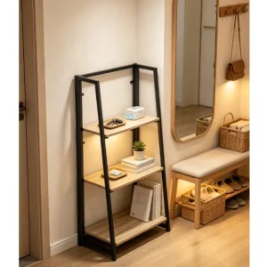 Industrial 3-Tier Ladder Bookshelf Open Wood & Metal Display Shelving Unit