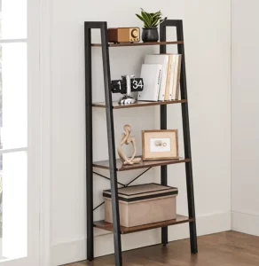 Industrial 4 Tier Ladder Shelving Unit Freestanding Wood And Metal Storage Rack For Home & Office Organization