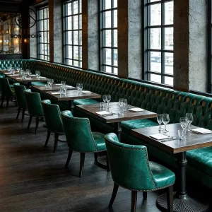 Industrial American Restaurant Square Wood Table and Chair Set Leather Sofa Booth Seating Furniture for Commercial Use