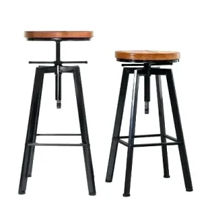 Industrial Antique Wooden Top Height Adjustable Metal Bar Stools