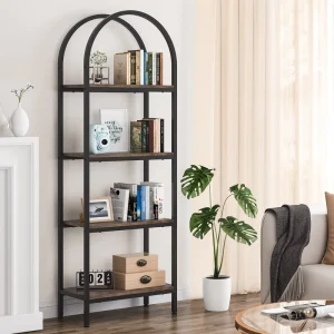 Industrial Arched Bookcase Storage Shelves with Metal Frame Open Wooden Tall Bookshelf Display Shelf