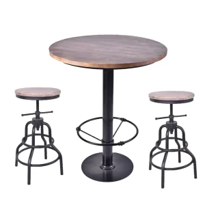 Industrial Bar Table Round Black Solid Wood Top with Metal Base Coffee Table