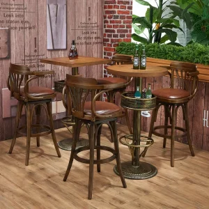 Industrial Bar Table Set Vintage Wooden Round Table with Upholstered Bar Chairs for Restaurant Pub Cafe Indoor Commercial Use
