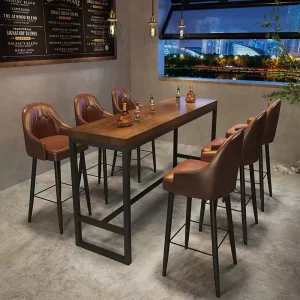 Industrial Bar Table and Stools Set Solid Wood Top Long Bar Counter PU Leather High Bar Stools Metal Frame for Cafe