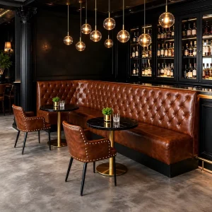 Industrial Bistro Bar Fast Food Furniture High Back L Shape Cafe Booth Sofa Tables and Leather Dining Chairs Set for Restaurant