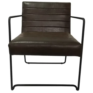 Industrial Black Metal Armrest Dining Chair Brown PU Leather Sled Base Accent Chair for Restaurant Home
