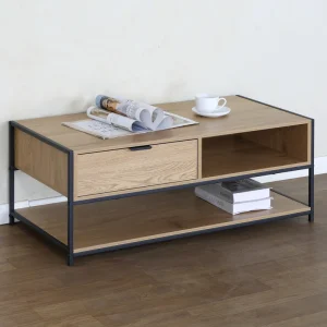 Industrial Coffee Table with Drawer and Open Storage Shelf 2 Tier Wood Center Modern Rectangular KD Rectangular Sofa Table