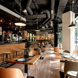 Industrial Commercial Restaurant Furniture Set Bar Stools Square Wood Table Upholstered Fabric Chair with Wood Frame