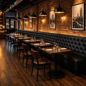 Industrial Commercial Restaurant Square Wood Table and Chair Tufted Black Leather Booth Seating Furniture Set