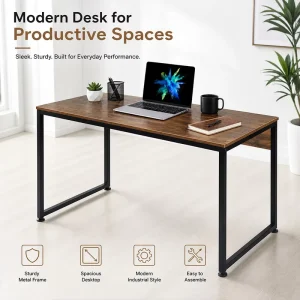 Industrial Computer Desk Home Office Writing Desk Rustic Wood Study Table Heavy Duty Metal Frame Laptop Workstation