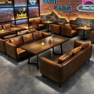 Industrial Distressed Leather Sofa Table Set Cognac PU 3 Seater Sofa Black Metal Legs for Bar Pub Restaurant Lounge