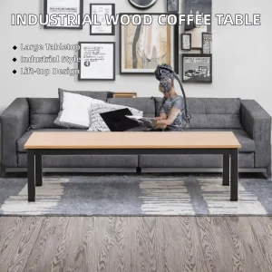 Industrial Large Rectangular Minimalist Coffee Table with Wood Veneer Top and Iron Cylinder Legs for Living Room Furniture