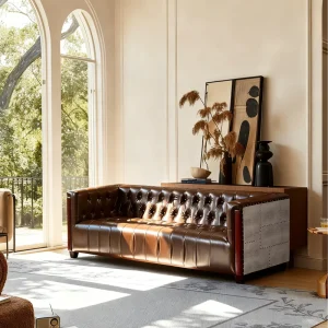 Industrial Leather Sofa Bench Wood Frame Midcentury Modern Design Sponge Tufted Backrest Genuine Leather Lounge Hotel