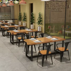 Industrial Loft Solid Wood Restaurant Table Set Rectangular Dining Table with Metal Armchairs for Canteen Cafe