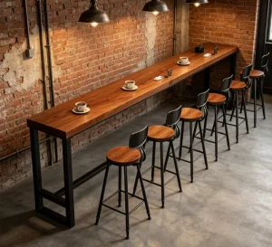 Industrial Long Bar Table and Stools Set Solid Wood Counter High Top Dining Table for Restaurant Cafe Pub and Coffee Shop
