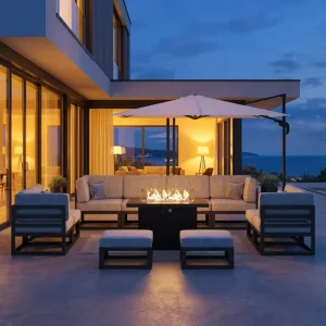 Industrial Luxury Outdoor Sofa Set with Firepit Table Metal Frame Weather Resistant Sectional Sofa for Resort Hotel Project Deck